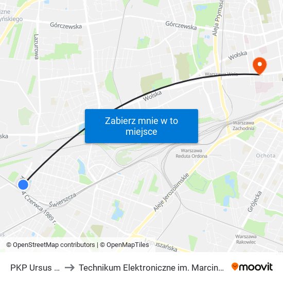 PKP Ursus Płn. 04 to Technikum Elektroniczne im. Marcina Kasprzaka nr 36 map