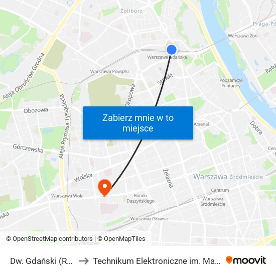 Dw. Gdański (Rydygiera) 01 to Technikum Elektroniczne im. Marcina Kasprzaka nr 36 map