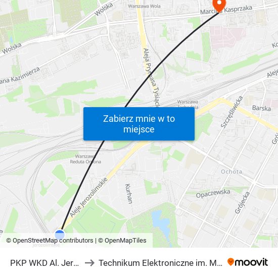 PKP WKD Al. Jerozolimskie 03 to Technikum Elektroniczne im. Marcina Kasprzaka nr 36 map