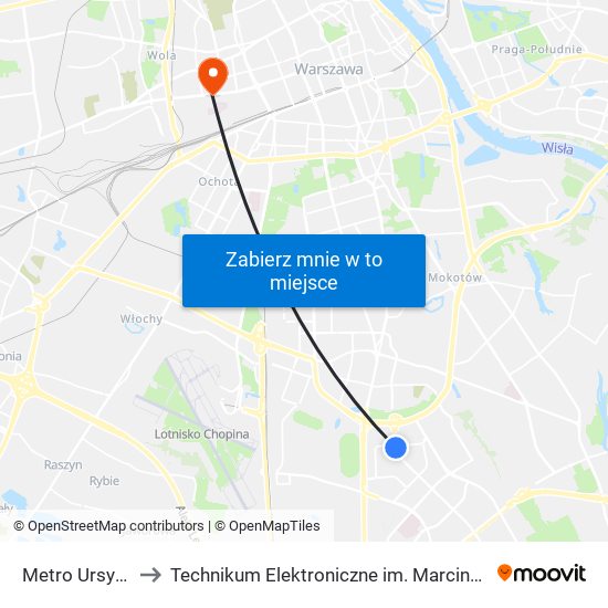 Metro Ursynów 01 to Technikum Elektroniczne im. Marcina Kasprzaka nr 36 map