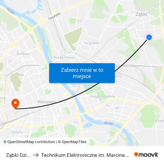 Ząbki Dzika 01 to Technikum Elektroniczne im. Marcina Kasprzaka nr 36 map