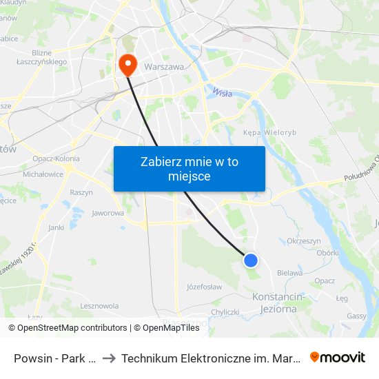 Powsin - Park Kultury 01 to Technikum Elektroniczne im. Marcina Kasprzaka nr 36 map