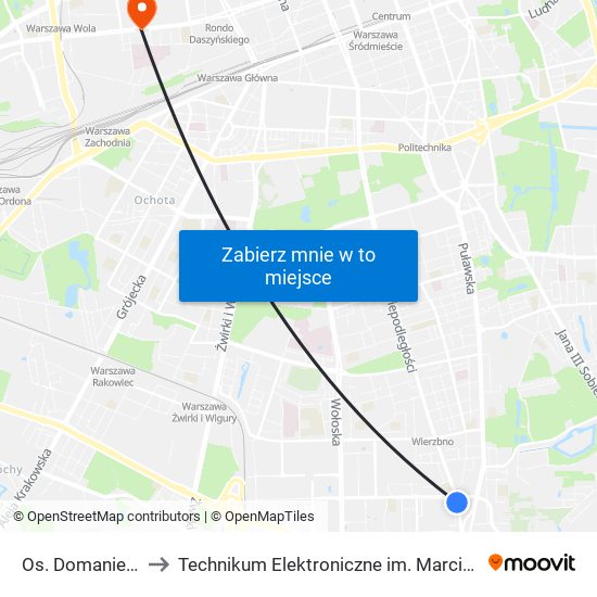 Os. Domaniewska 01 to Technikum Elektroniczne im. Marcina Kasprzaka nr 36 map