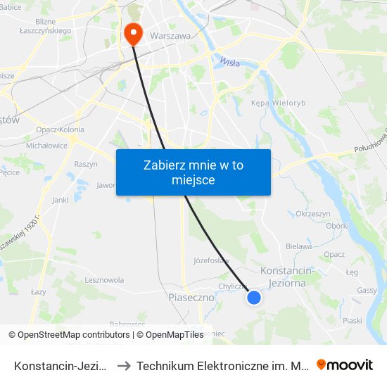 Konstancin-Jeziorna Tabita 01 to Technikum Elektroniczne im. Marcina Kasprzaka nr 36 map