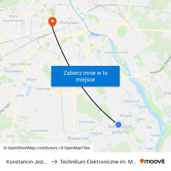 Konstancin-Jeziorna Polna 02 to Technikum Elektroniczne im. Marcina Kasprzaka nr 36 map