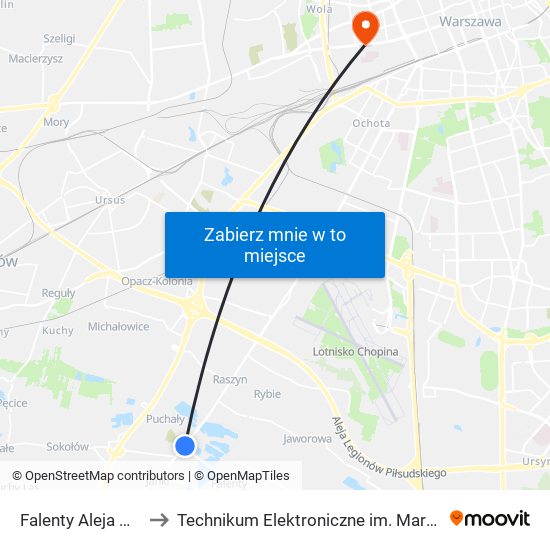 Falenty Aleja Hrabska 01 to Technikum Elektroniczne im. Marcina Kasprzaka nr 36 map