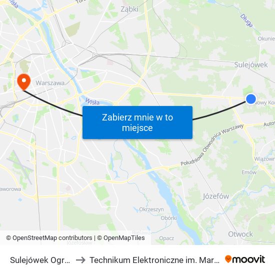 Sulejówek Ogrodnicza 01 to Technikum Elektroniczne im. Marcina Kasprzaka nr 36 map