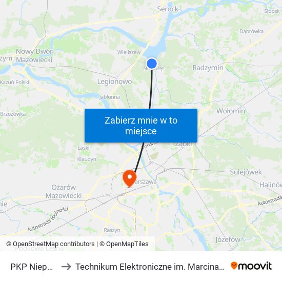 PKP Nieporęt 01 to Technikum Elektroniczne im. Marcina Kasprzaka nr 36 map