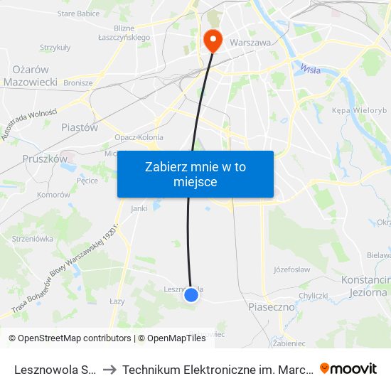 Lesznowola Szkolna 02 to Technikum Elektroniczne im. Marcina Kasprzaka nr 36 map