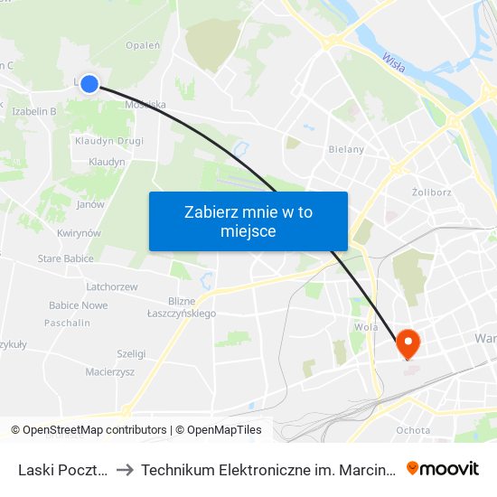 Laski Pocztowa 02 to Technikum Elektroniczne im. Marcina Kasprzaka nr 36 map