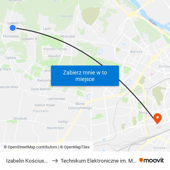 Izabelin Kościuszki - Szkoła 02 to Technikum Elektroniczne im. Marcina Kasprzaka nr 36 map