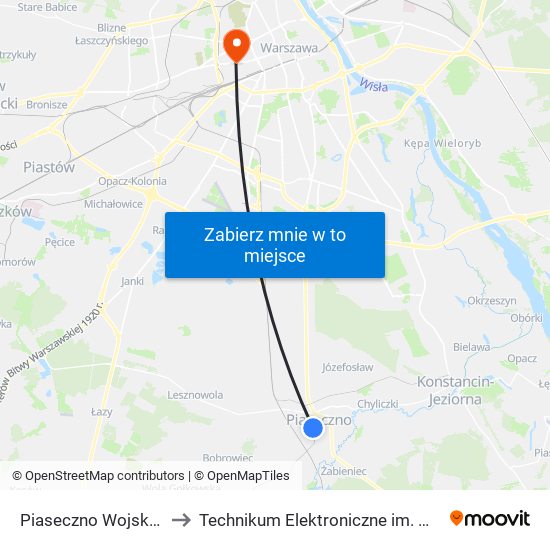 Piaseczno Wojska Polskiego 02 to Technikum Elektroniczne im. Marcina Kasprzaka nr 36 map