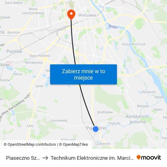 Piaseczno Szkolna 01 to Technikum Elektroniczne im. Marcina Kasprzaka nr 36 map