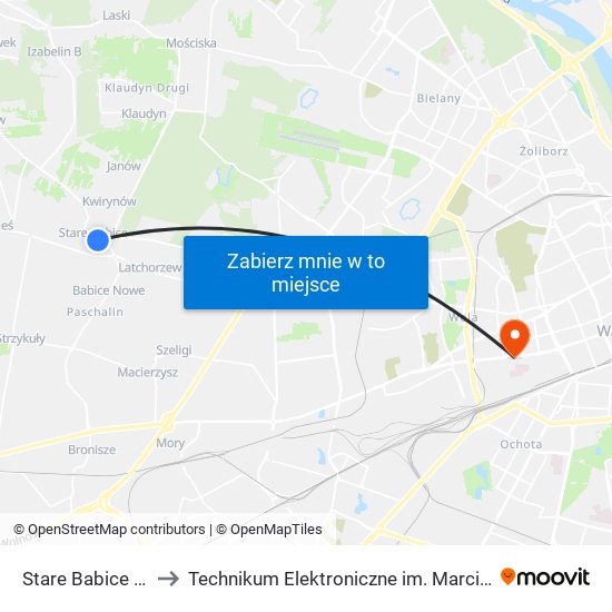 Stare Babice Rynek 01 to Technikum Elektroniczne im. Marcina Kasprzaka nr 36 map