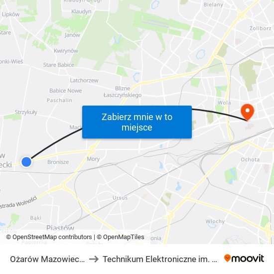 Ożarów Mazowiecki Starostwo 01 to Technikum Elektroniczne im. Marcina Kasprzaka nr 36 map