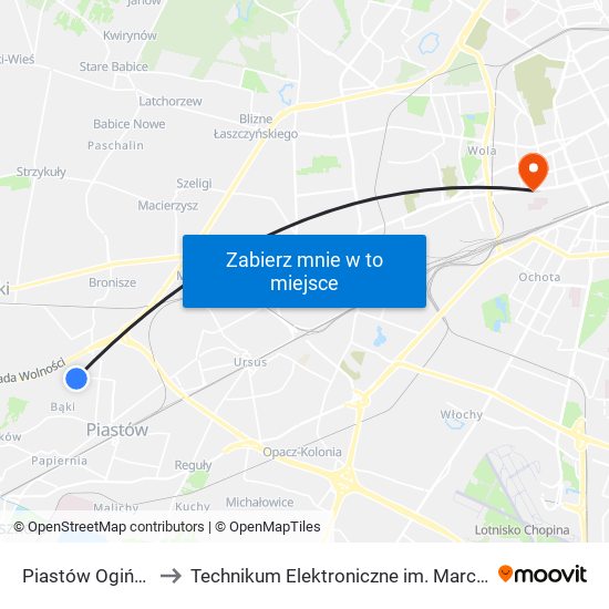 Piastów Ogińskiego 02 to Technikum Elektroniczne im. Marcina Kasprzaka nr 36 map