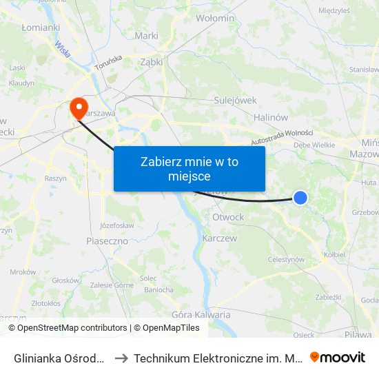 Glinianka Ośrodek Zdrowia 01 to Technikum Elektroniczne im. Marcina Kasprzaka nr 36 map