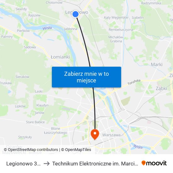 Legionowo 3 Maja 01 to Technikum Elektroniczne im. Marcina Kasprzaka nr 36 map