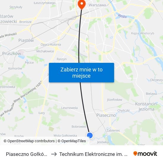 Piaseczno Gołków-Letnisko to Technikum Elektroniczne im. Marcina Kasprzaka nr 36 map