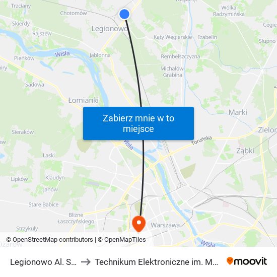 Legionowo Al. Sybiraków to Technikum Elektroniczne im. Marcina Kasprzaka nr 36 map