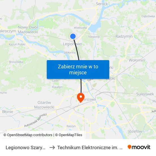 Legionowo Szarych Szeregów 01 to Technikum Elektroniczne im. Marcina Kasprzaka nr 36 map