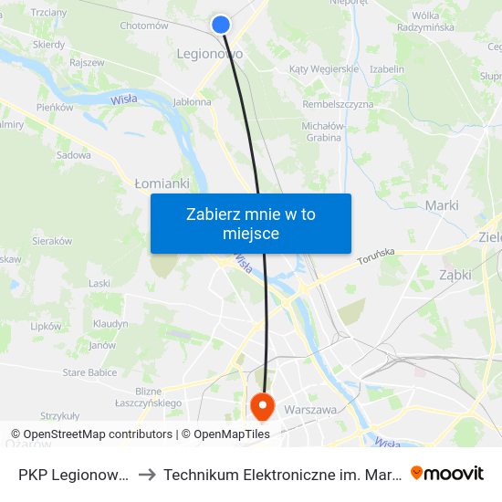 PKP Legionowo Piaski to Technikum Elektroniczne im. Marcina Kasprzaka nr 36 map