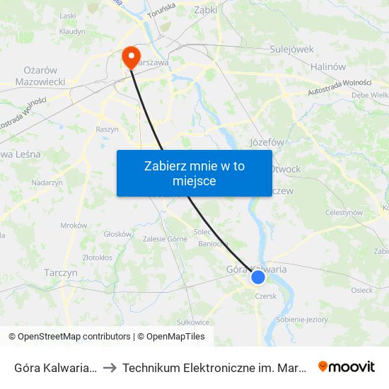 Góra Kalwaria Rynek 01 to Technikum Elektroniczne im. Marcina Kasprzaka nr 36 map