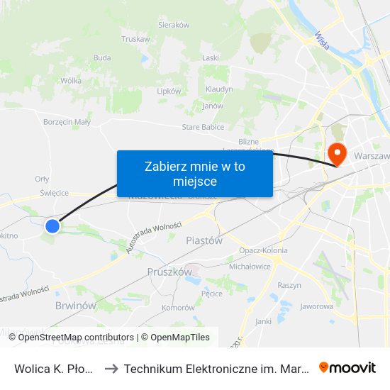 Wolica K. Płochocina 01 to Technikum Elektroniczne im. Marcina Kasprzaka nr 36 map