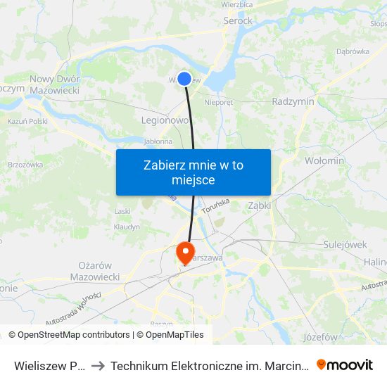 Wieliszew Polna 01 to Technikum Elektroniczne im. Marcina Kasprzaka nr 36 map