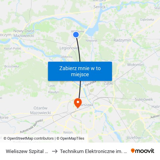 Wieliszew Szpital Onkologiczny 01 to Technikum Elektroniczne im. Marcina Kasprzaka nr 36 map