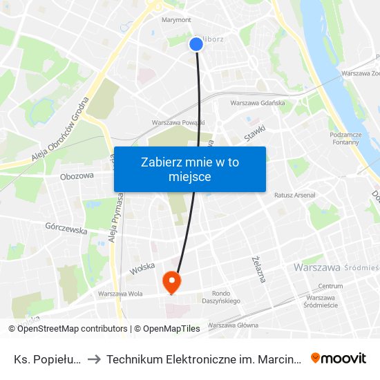 Ks. Popiełuszki 01 to Technikum Elektroniczne im. Marcina Kasprzaka nr 36 map