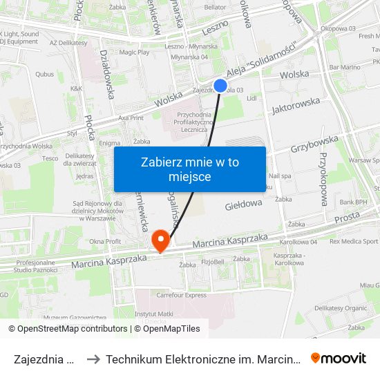 Zajezdnia Wola 01 to Technikum Elektroniczne im. Marcina Kasprzaka nr 36 map