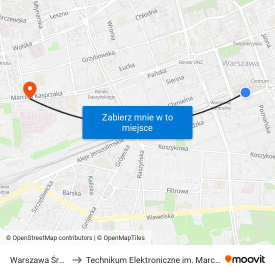 Warszawa Śródmieście to Technikum Elektroniczne im. Marcina Kasprzaka nr 36 map