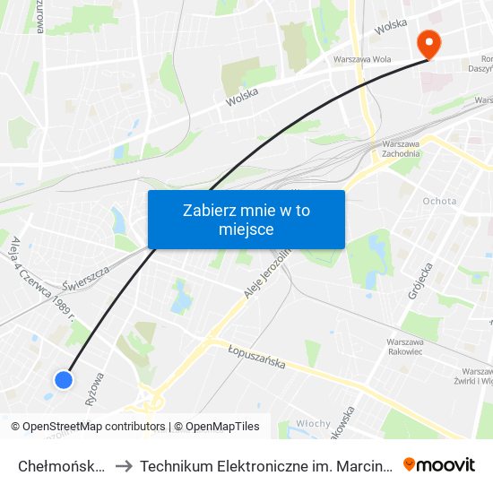 Chełmońskiego 01 to Technikum Elektroniczne im. Marcina Kasprzaka nr 36 map