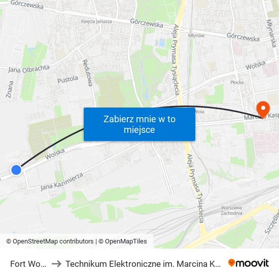 Fort Wola 04 to Technikum Elektroniczne im. Marcina Kasprzaka nr 36 map