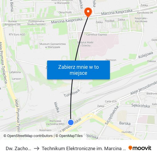 Dw. Zachodni 06 to Technikum Elektroniczne im. Marcina Kasprzaka nr 36 map