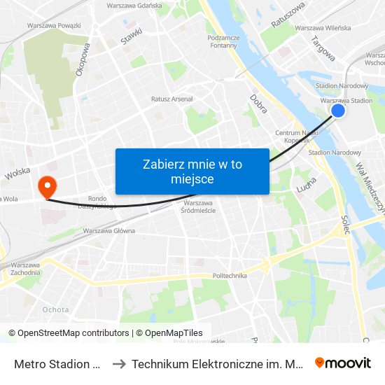 Metro Stadion Narodowy to Technikum Elektroniczne im. Marcina Kasprzaka nr 36 map