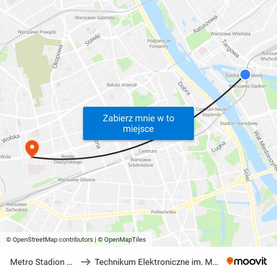 Metro Stadion Narodowy to Technikum Elektroniczne im. Marcina Kasprzaka nr 36 map