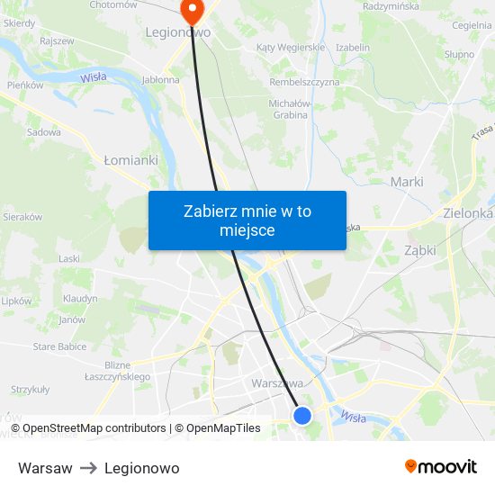 Warsaw to Legionowo map