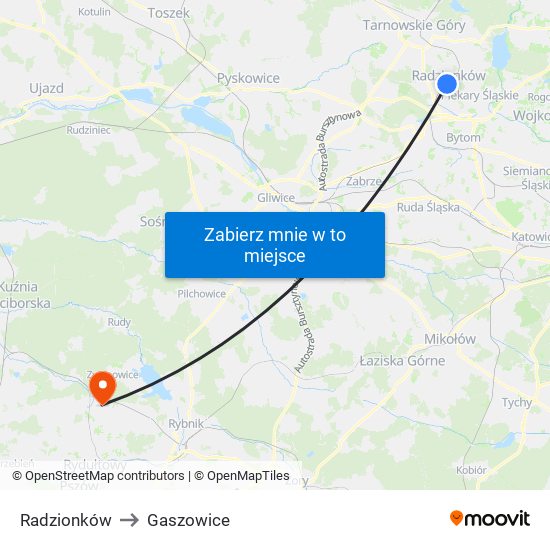 Radzionków to Gaszowice map