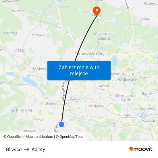 Gliwice to Kalety map