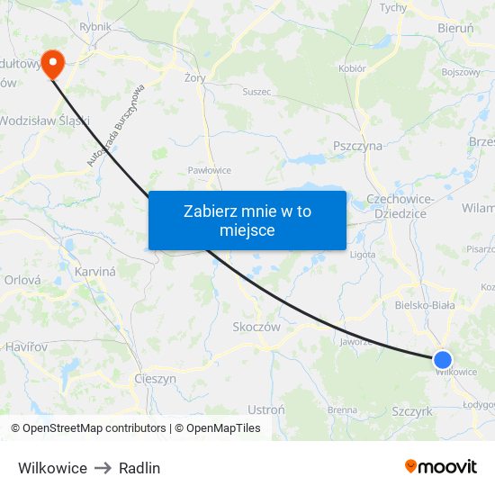Wilkowice to Radlin map