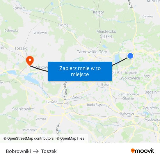 Bobrowniki to Toszek map