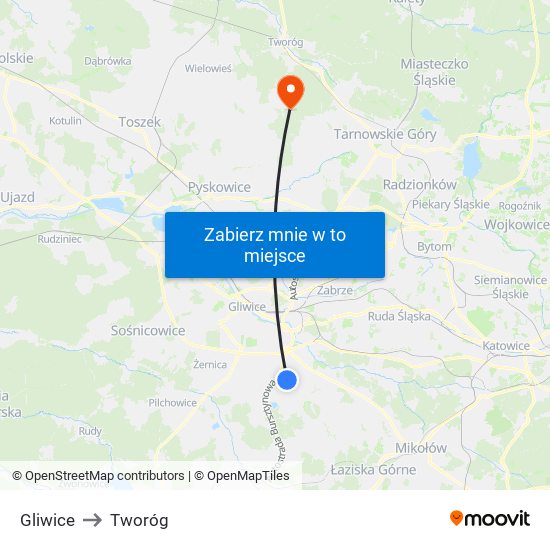 Gliwice to Tworóg map