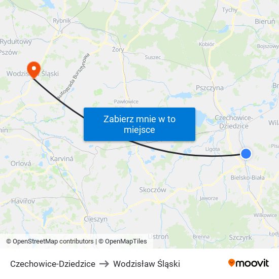 Czechowice-Dziedzice to Wodzisław Śląski map