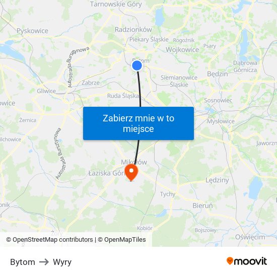 Bytom to Wyry map