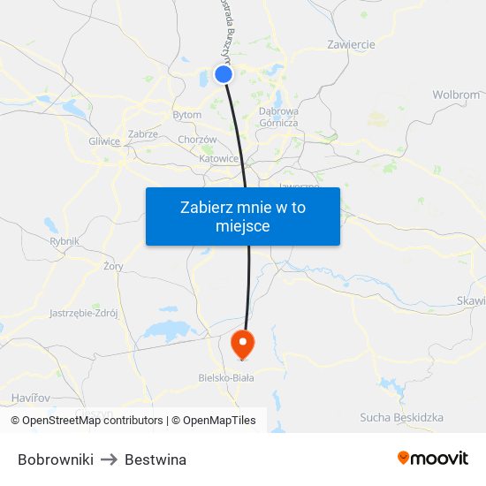 Bobrowniki to Bestwina map