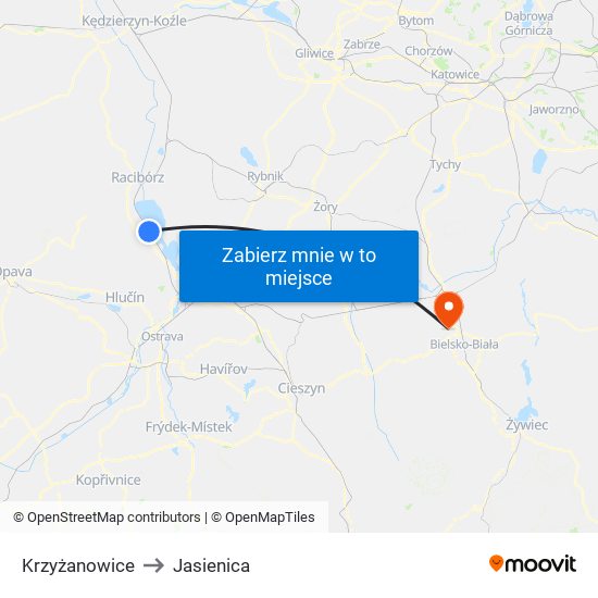 Krzyżanowice to Jasienica map