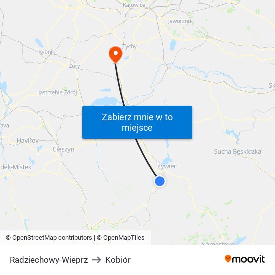 Radziechowy-Wieprz to Kobiór map