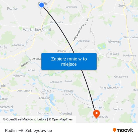 Radlin to Zebrzydowice map